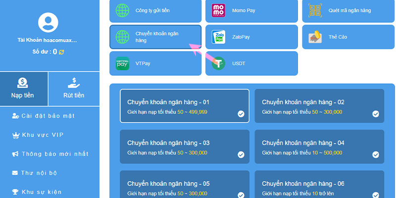 Nạp tiền vin777 đơn giản qua thẻ ngân hàng